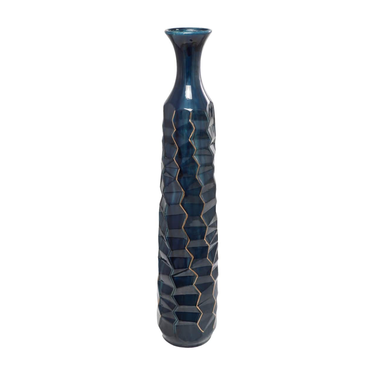 Teal Ceramic Tall Geometric Floor Vase with Gold Accents